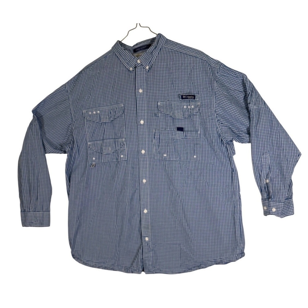 Columbia PFG Super Bonehead Fishing Shirt Mens XL Blue Gingham Long Sleeve